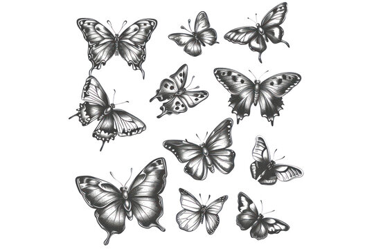 Silver butterflies set of tattoos and stickers. Butterflies