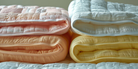 Pastel Folded Linens. Close-up of folded duvet covers, Background for home goods and bedding store.