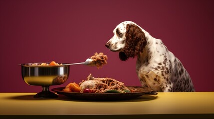 a front view of dog eating Lamb in a bowl on a bright colored background_.jpg