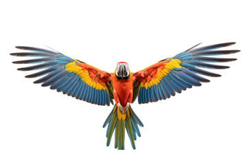 Naklejka premium Close-up shot of a macaw spreading its wings and flying isolated on white transparent background.