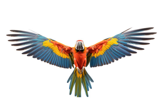 Close-up shot of a macaw spreading its wings and flying isolated on white transparent background.