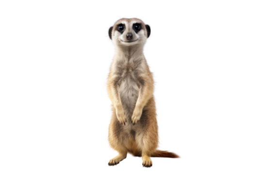 Curious meerkat standing on hind legs isolated on white transparent background.