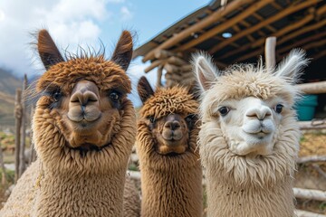 A curious herd of camelids, including llamas, alpacas, guanacos, and vicuñas, stand tall and proud as they gaze confidently at the camera in the beautiful outdoor setting, showcasing their unique fur