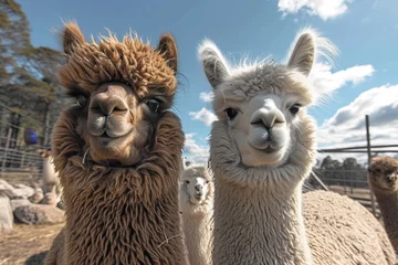 Deurstickers A curious group of terrestrial camelids, with soft fur and gentle gazes, stand on the open ground beneath a vast, blue sky, as they capture our hearts through the lens of the camera © Pinklife