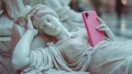 Antique Greece era marble statue young woman portrait lying pose fell asleep while browsing big pink case smartphone comic image. Modern technology connected with antique ages and art items concept.