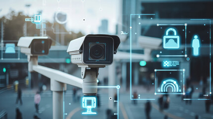 A crowd of people on the street and a facial recognition camera running it. Surveillance and information collection. Facial recognition camera collecting demographic data.