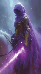 Hooded fantasy warrior in purple cloak and golden armor