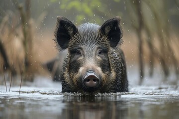 A majestic boar stands confidently in the water, embodying the resilience and adaptability of terrestrial animals in their natural habitat
