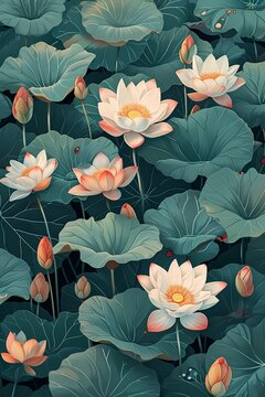 lotus flower with leaves and bud in the pond , beautiful art work for wall art , background and wallpaper © Wipada