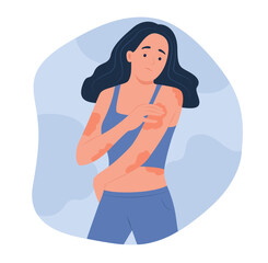 Young Woman Looking at Eczema on Body for Dermatology Concept Illustration