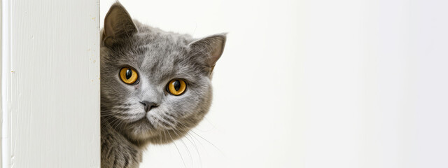 Cute pets animals - Little gray chartreux cat looks out from behind the door frame, isolated on white background banner