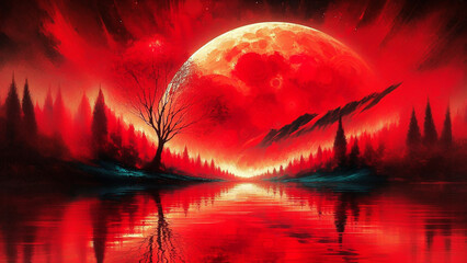 abstract art red moon on red water reflection landscape