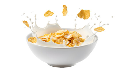 Corn flakes with milk splash in white bowl isolated on white background 