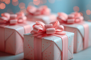 Elegant gift boxes with pink ribbons on a soft blue background, concept of giving and celebration.