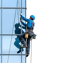 Window cleaner working on a tall building isolated on white background, cinematic, png
