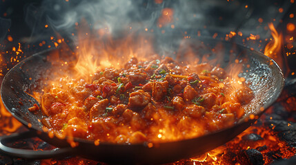 Sizzling hot pan with spicy meat dish cooking over open flame, smoke and herbs visible.
