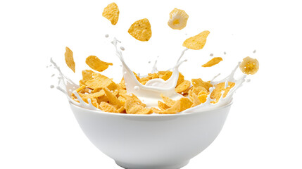 Corn flakes with milk splash in white bowl isolated on white background  - obrazy, fototapety, plakaty