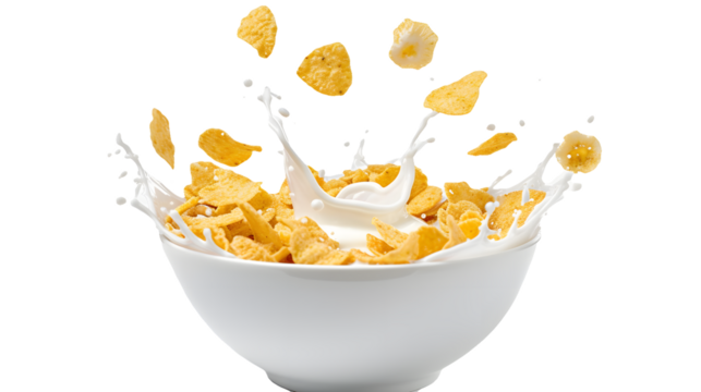 Corn flakes with milk splash in white bowl isolated on white background 