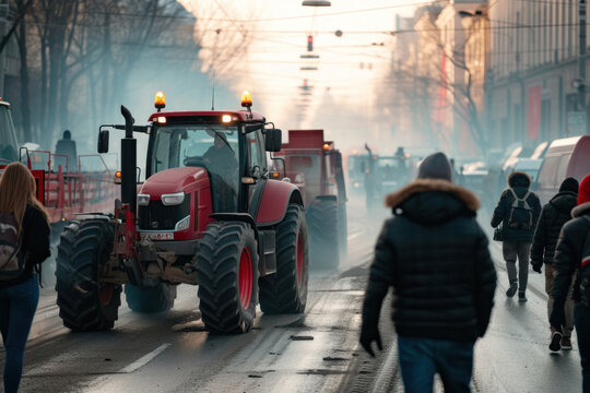 Fototapeta Striking tractor drivers block city streets and create traffic jams
