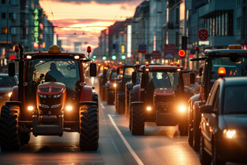 Farmers' strike on tractors. Protest of tractor drivers on the streets of a European city. Rally, demonstration and manifestation expression of discontent - obrazy, fototapety, plakaty
