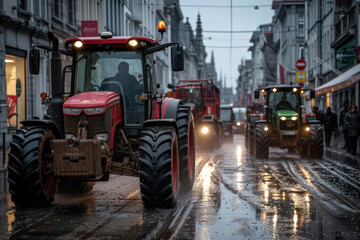 Farmers' strike on tractors. Protest of tractor drivers on the streets of a European city. Rally,...