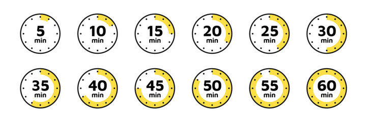 Timer, clock, stopwatch isolated set icons. Countdown timer symbol icon set. Label cooking time. Vector illustration
