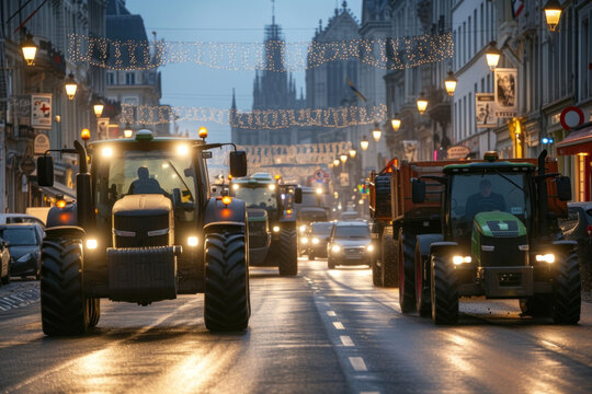 Fototapeta Striking tractor drivers block city streets and create traffic jams