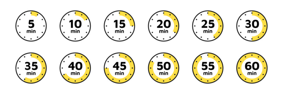 Timer, clock, stopwatch isolated set icons. Countdown timer symbol icon set. Label cooking time. Vector illustration