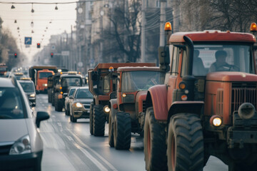 Farmers' strike on tractors. Protest of tractor drivers on the streets of a European city. Rally, demonstration and manifestation expression of discontent