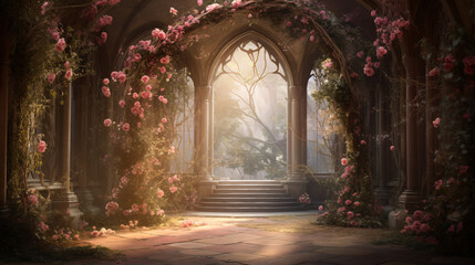 
Mystical outdoor scene with roses hanging on an arch.