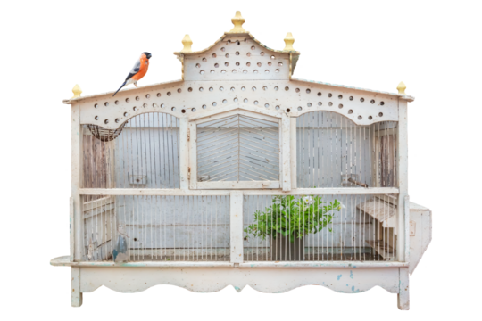 Ancient white painted wooden bird cage with small red bird