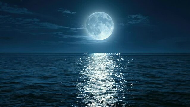 this large full blue moon rises brightly over the cloud bank in this calm ocean.