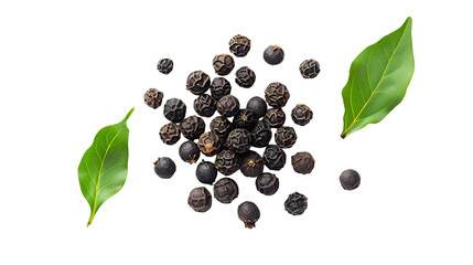  black peppercorns (black pepper) with leaves isolated on white background.