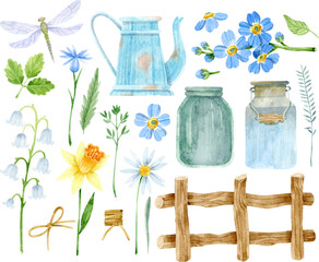 Watercolor rustic clipart. Dragonfly, watering can, jar, lily of the valley and daffodil.