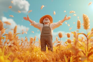 Joyful child in overalls and hat with arms outstretched in a sunny wheat field, with flying petals and blue sky.м