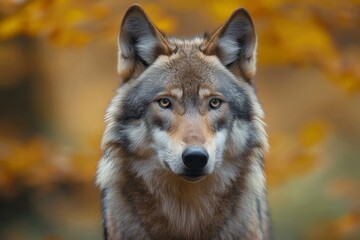Naklejka na ściany i meble A majestic canine, standing tall in the crisp autumn air, stares intently at the camera with its piercing snout, embodying the wild and free spirit of a wolf