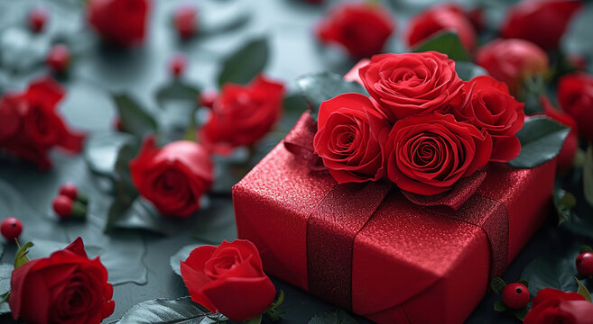 Red gift box with bow surrounded by roses and petals on a textured surface, symbolizing romance and special occasions.