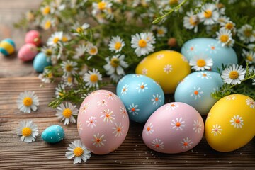 Fototapeta na wymiar A vibrant gathering of spring's symbols, as delicate flowers intertwine with intricately painted eggs for a joyous easter celebration