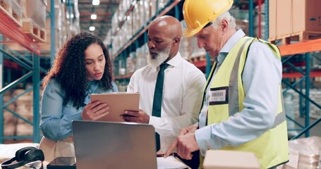 Team, engineer and people with documents in factory for distribution, shipping and discussion. Group, meeting and warehouse supervisor with paperwork for inspection, storage or inventory management - Powered by Adobe