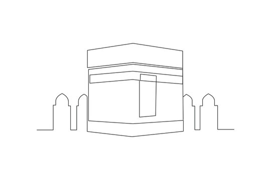 Continuous one line drawing Kabaah alharam and mosque concept. Doodle vector illustration.