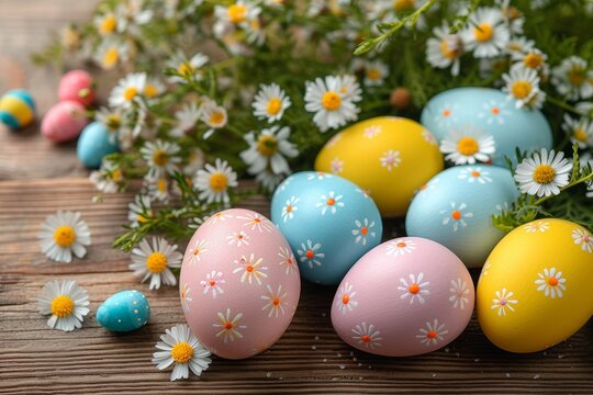 A vibrant gathering of spring's symbols, as delicate flowers intertwine with intricately painted eggs for a joyous easter celebration