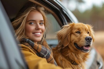 A happy woman and her loyal brown dog enjoy a scenic drive in their car, both wearing matching outdoor attire and beaming with joy as they bond over their shared love for adventure and companionship