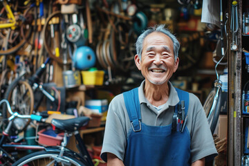 Fototapeta premium Smiling asian mechanic man near bicycle repair workshop