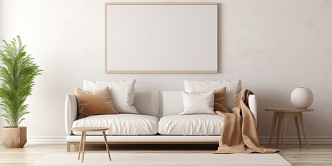 Cozy home decor template with warm brown sofa, beige carpet, mock up poster frame, and coffee table.