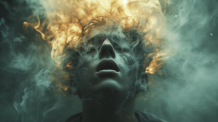 Upward view of a face surrounded by swirling smoke