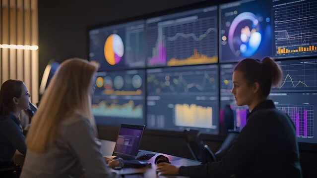 In a dim room, a female team works towards various graphs and data projected on large monitors. The environment exudes concentration and expertise, with a data-driven decision-making process underway.