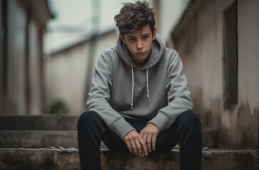 Obraz premium A pensive young teen sits alone on concrete steps, his expression reflecting solitude or deep thought, possibly facing adolescent challenges