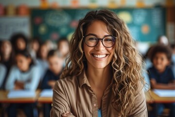 Portrait of smiling teacher in a class at elementary school looking at camera with learning students on background, Generative AI