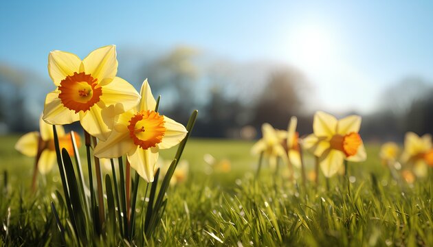 yellow daffodils in spring. daffodil flower blooming on green grass field under the sunshine during spring time. Yellow flower closeup