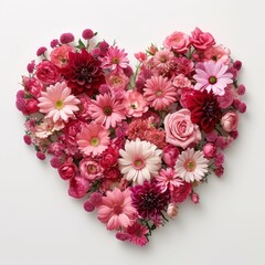 Heart symbol made of pink and red flowers on white background, Generative AI